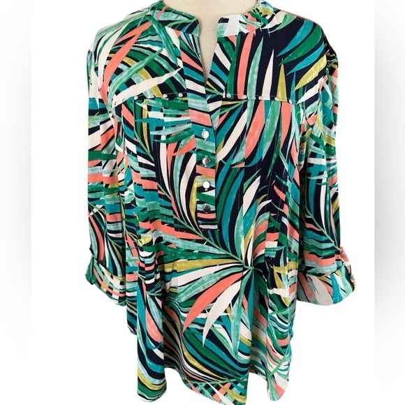 Cocomo Tops - COCOMO XL Green Multicolored 3/4 sleeve Studded women’s Pintuck Blouse t…